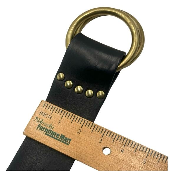 Ralph Lauren Black and Gold Leather Belt with Double-Ring Buckle - 42\